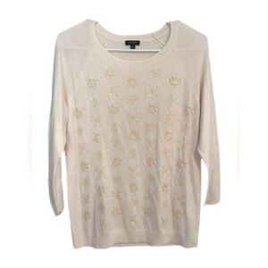 Talbots Lambswool Embellished Sequin Snowflake Holiday Sweater White PM Preppy